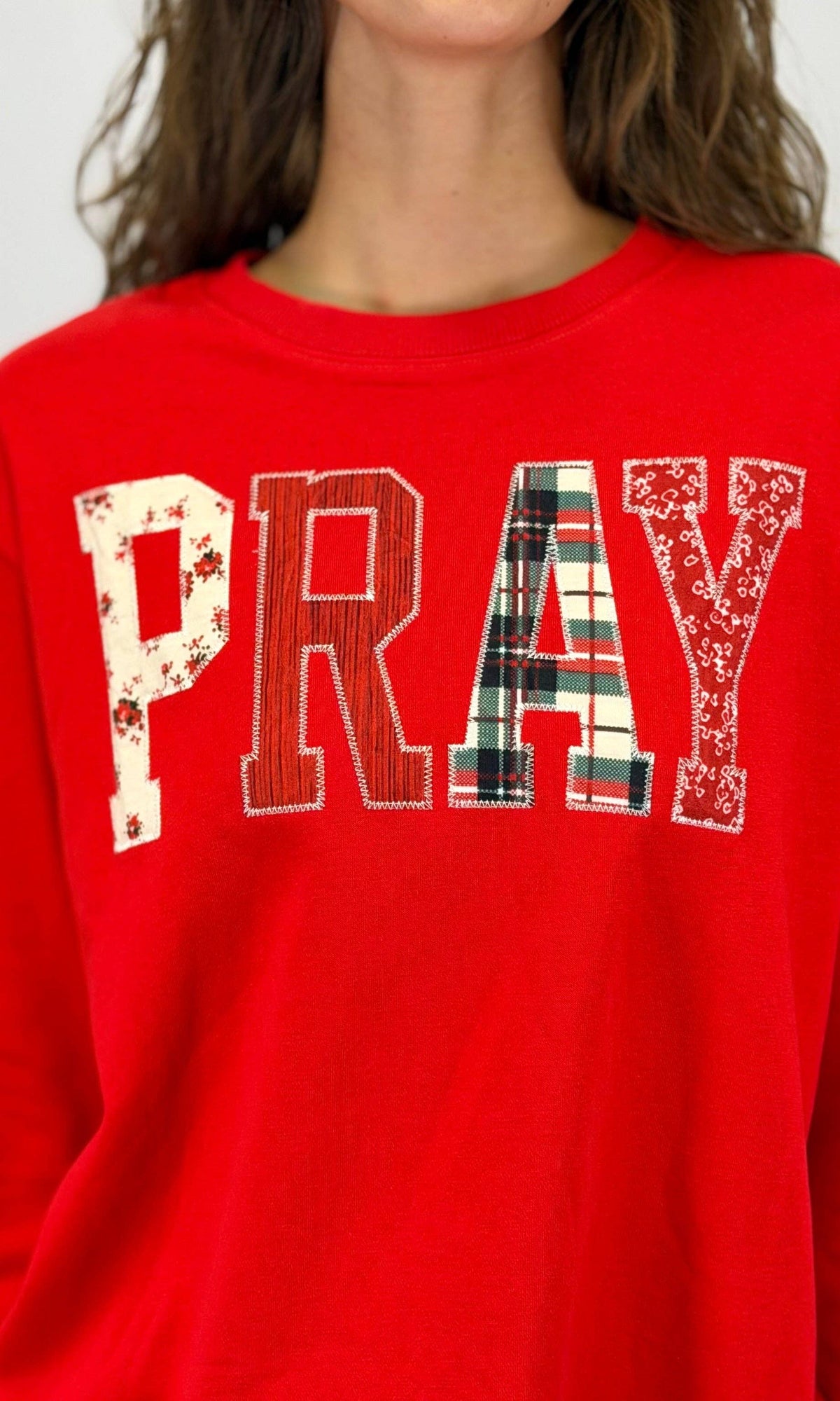 Let's PRAY!  Embroidered Light Sweatshirt in Red