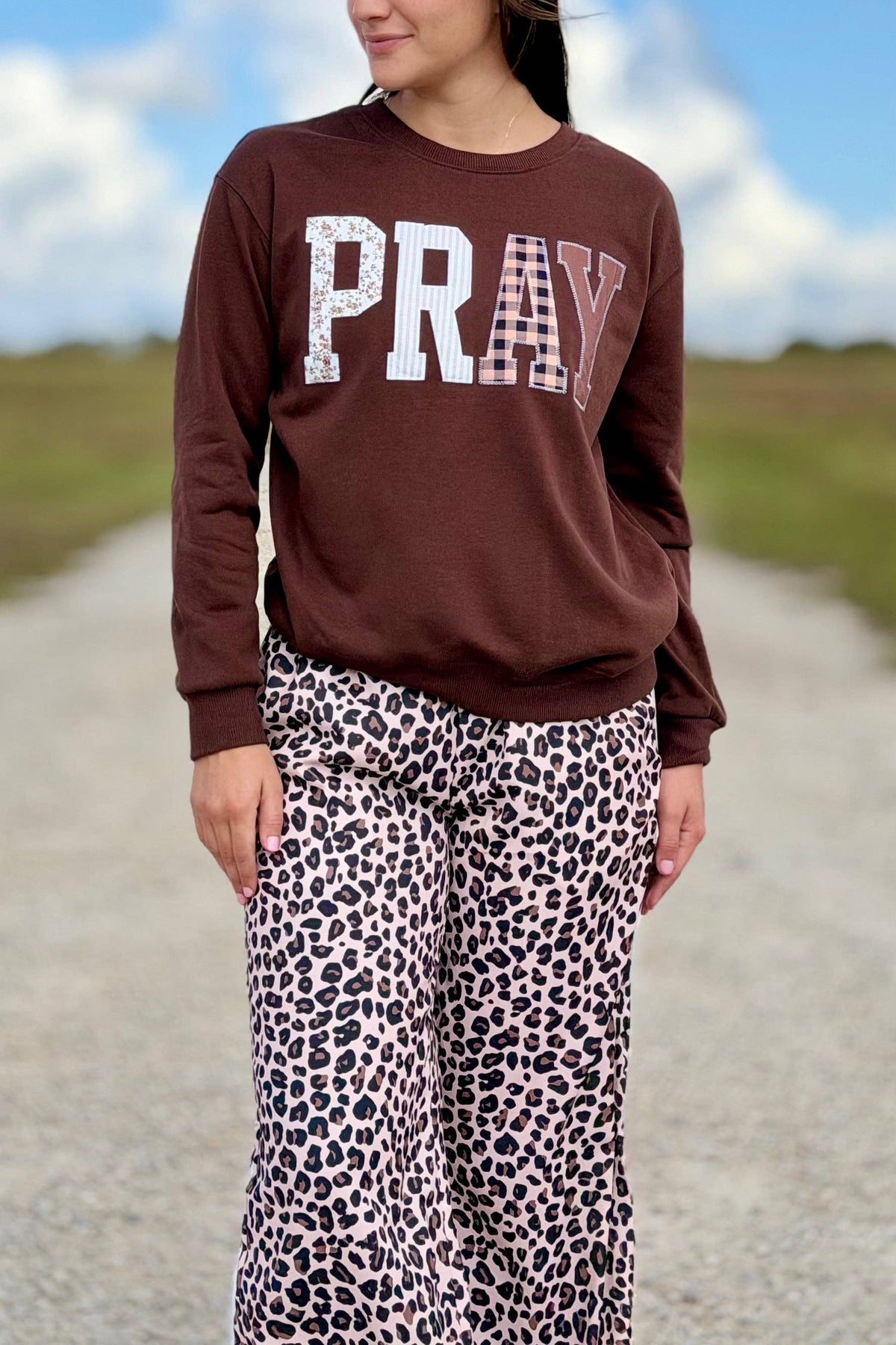 Let's PRAY!  Embroidered Light Sweatshirt - Brown