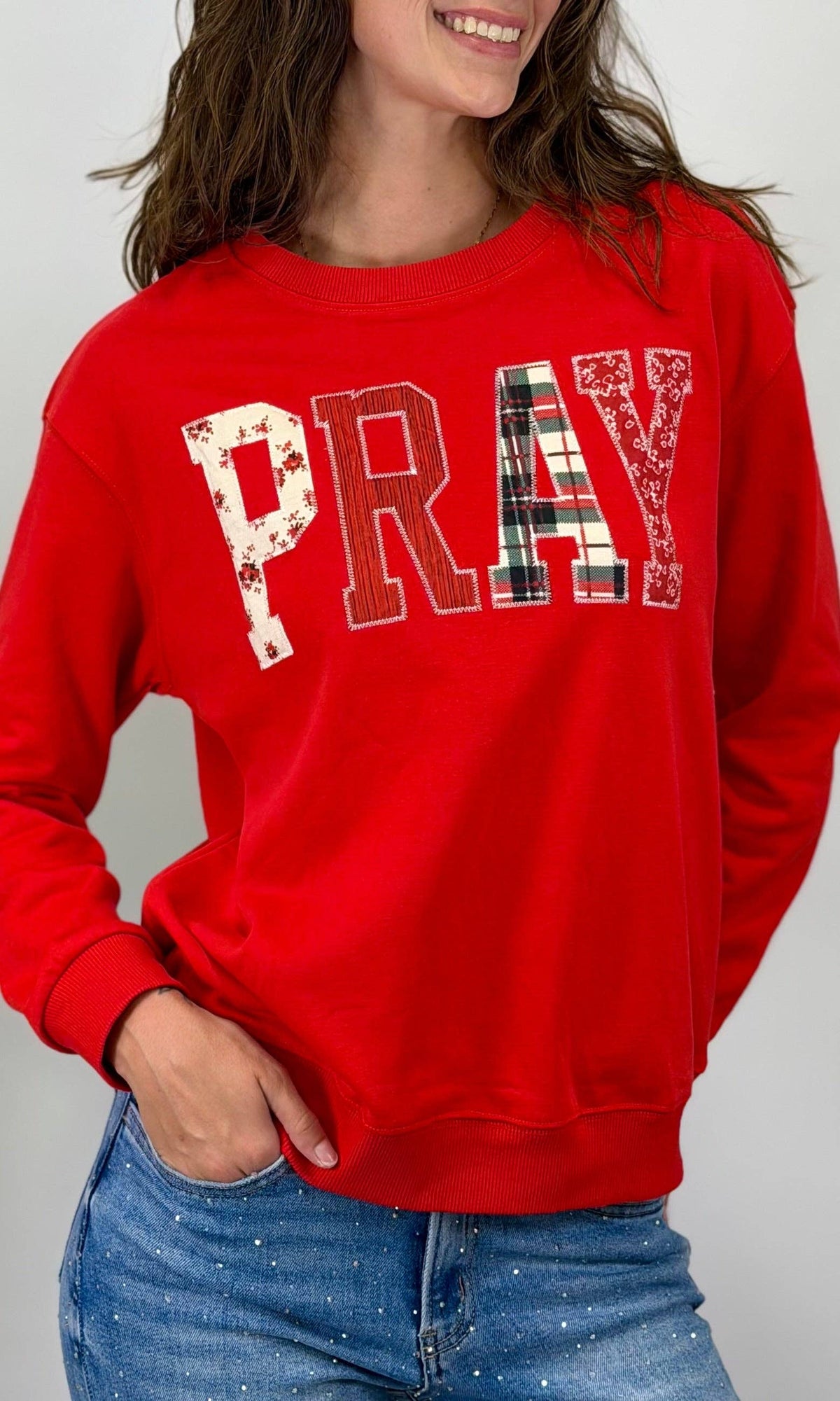 Let's PRAY!  Embroidered Light Sweatshirt in Red