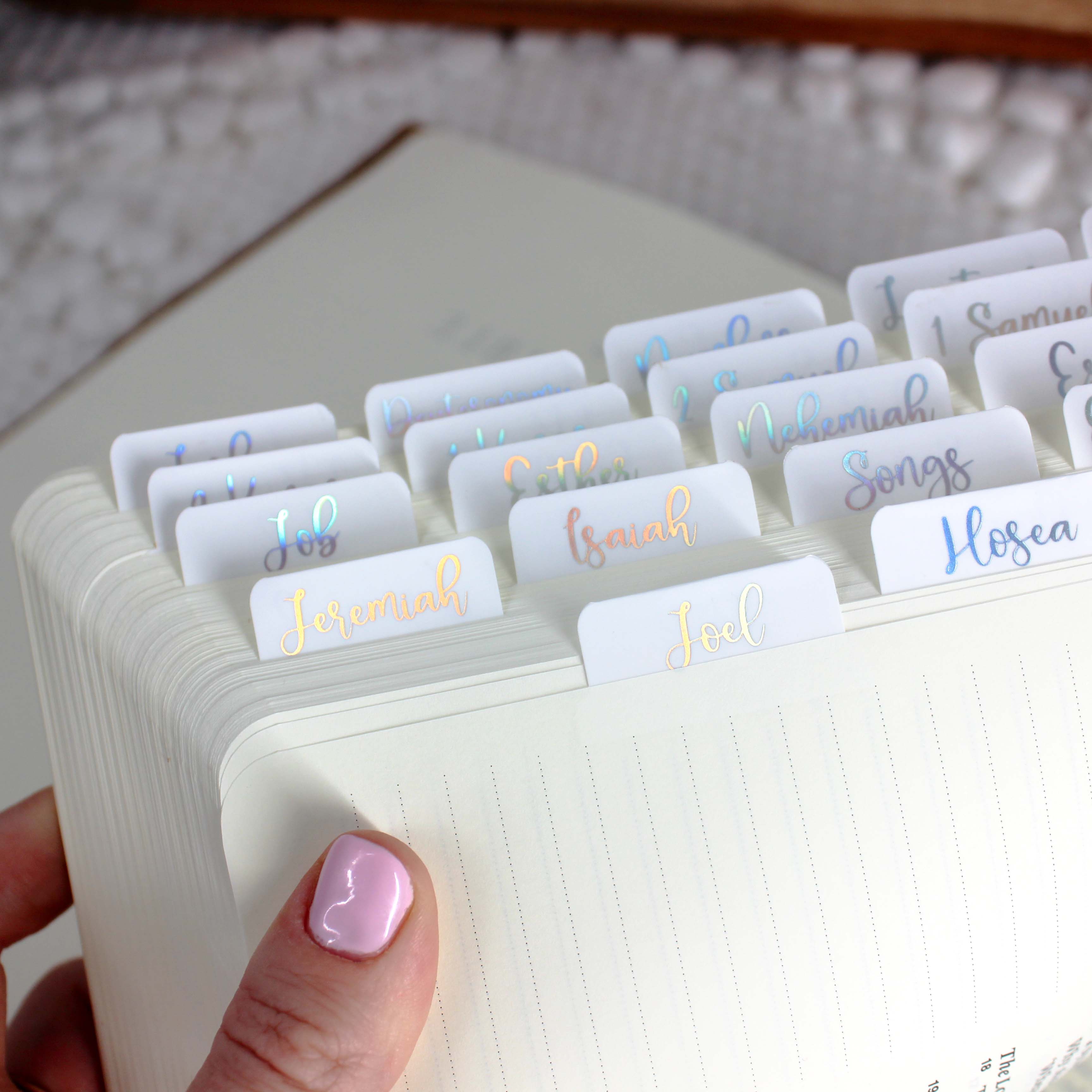 Holographic Bible Tabs with a Rainbow Shift