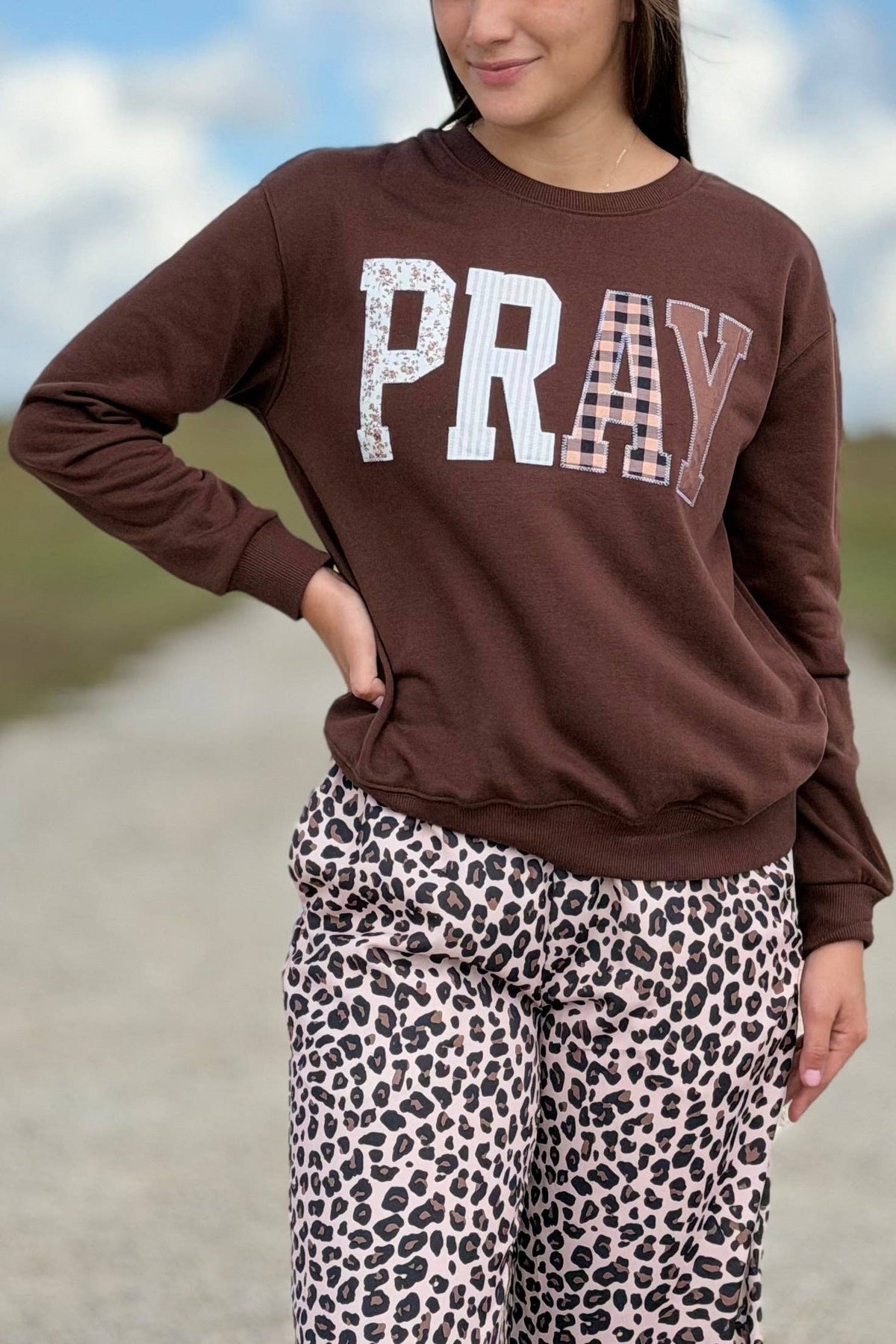 Let's PRAY!  Embroidered Light Sweatshirt - Brown