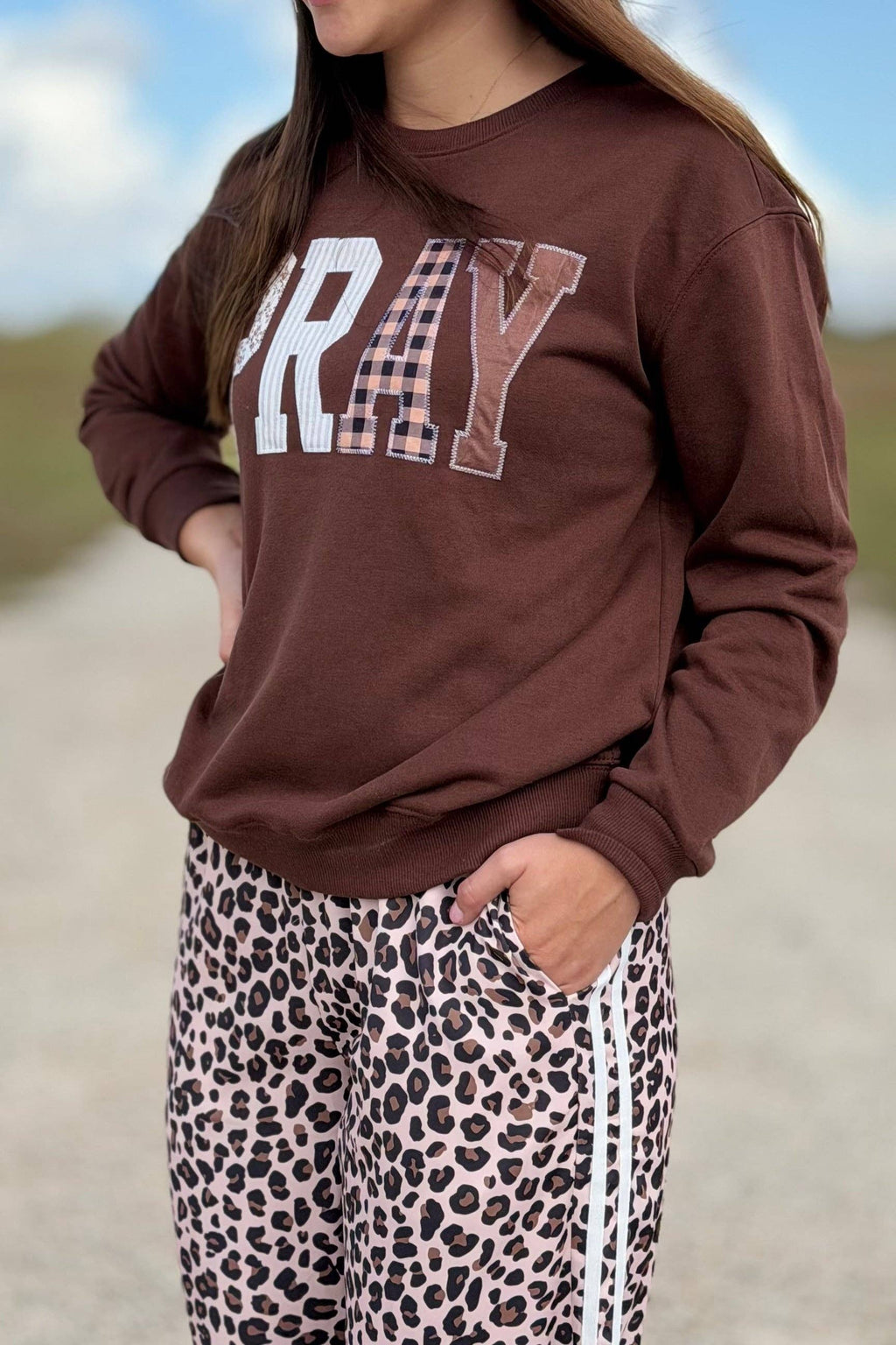 Let's PRAY!  Embroidered Light Sweatshirt - Brown